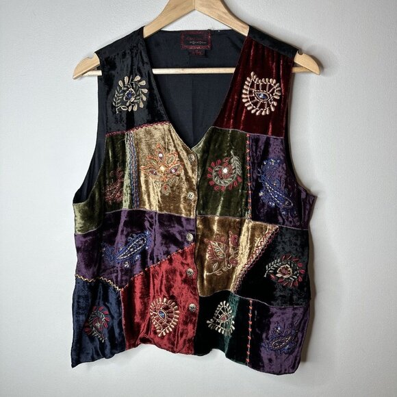 April Cornell Jackets & Blazers - VTG April Cornell Trading Multicolor Velvet Patchwork Button Front Boho Vest M